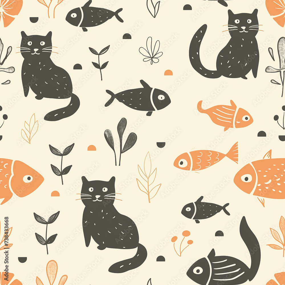 Cat and fish seamless pattern. Cat and fish seamless pattern.