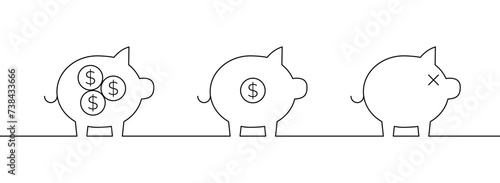 Drawn full and empty piggy banks on white background. Concept of debt