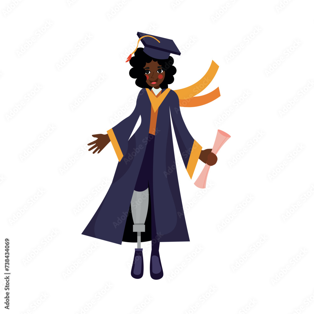 Female African-American graduating student with prosthetic leg on white background