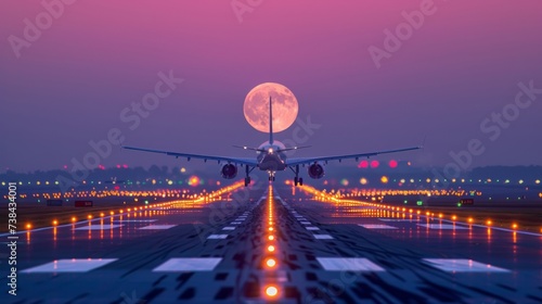 As the moon rises above the horizon its soft glow merges with the bright runway lighting painting a serene picture in the stillness of the night.