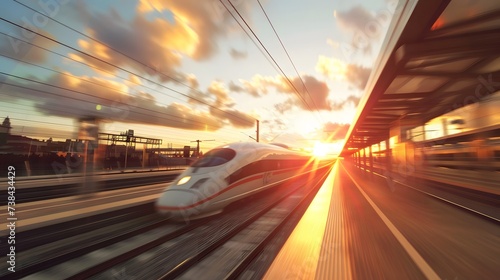 High-speed train passing station with motion blur