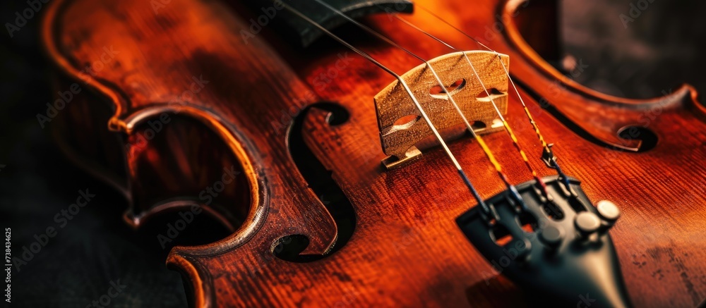 Bridge and violin strings in close-up view. Bridge and violin strings in close-up view.