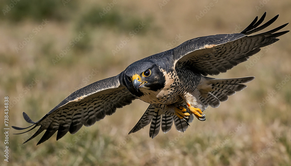 Obraz premium Zoom in to reveal the intense gaze of a peregrine falcon mid flight, its streamlined form slicing through the air with unparalleled precision