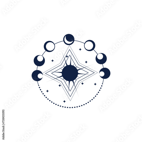 Symbol of star, Sun and phases of Moon on white background