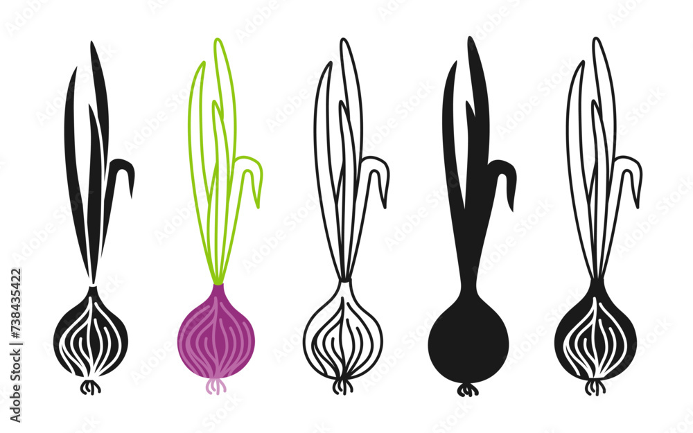 Spring Onion Symbol Red onion linear icon, cartoon symbol set. Hand Drawn spice vegetable ...