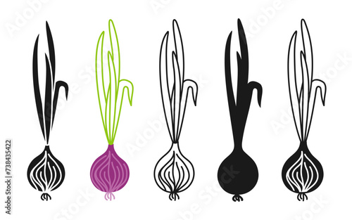 Red onion linear icon, cartoon symbol set. Hand Drawn spice vegetable silhouette shape, doodle red bulb onion. Diet simple sign design element. Onion symbol for infographic website app logo. Vector