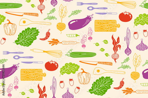 Vegetables cartoon seamless pattern. Vegetable boundless background. Vegetarian childish healthy food endless design for paper print, fabric textile, wrapper backdrop, repeat template packaging vector