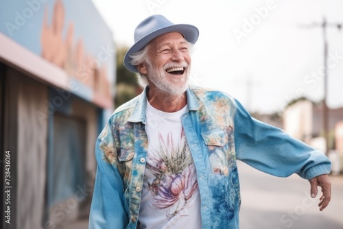 Portrait of a senior man laughing while walking in the street.