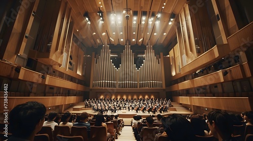 inside of a large concert hall with people sitting in front