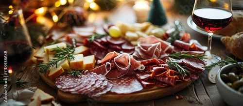 At the festive table, a variety of enticing cured meats, including sliced prosciutto ham, salami, and other delectable options, adorned the platter, inviting Christmas feasters to indulge in their