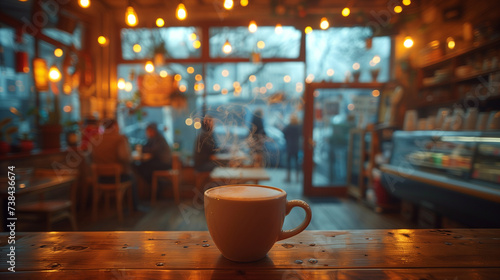 A cozy coffee shop interior with warm amber lights and rustic decor. Generative ai.