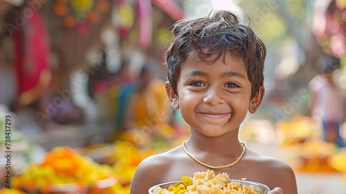 A little Indian child grinning as he eats.