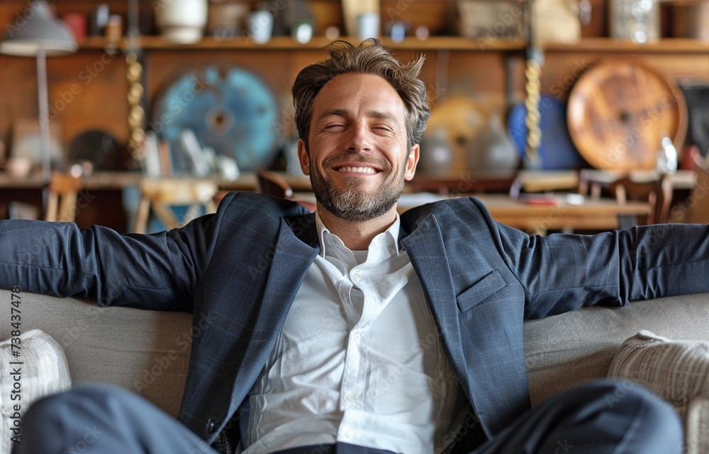 A wealthy businessman in a suit is seated on a sofa, grinning and giggling as he celebrates his accomplishment. A wealthy businessman in a suit is seated on a sofa, grinning and giggling as he celebrates his accomplishment.