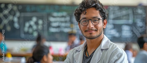 A young, masculine Indian scientist is in front of the chalkboard.
