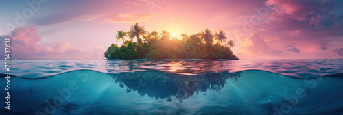 Sunset over an underwater colorful tropical island with sky background © Black Pig