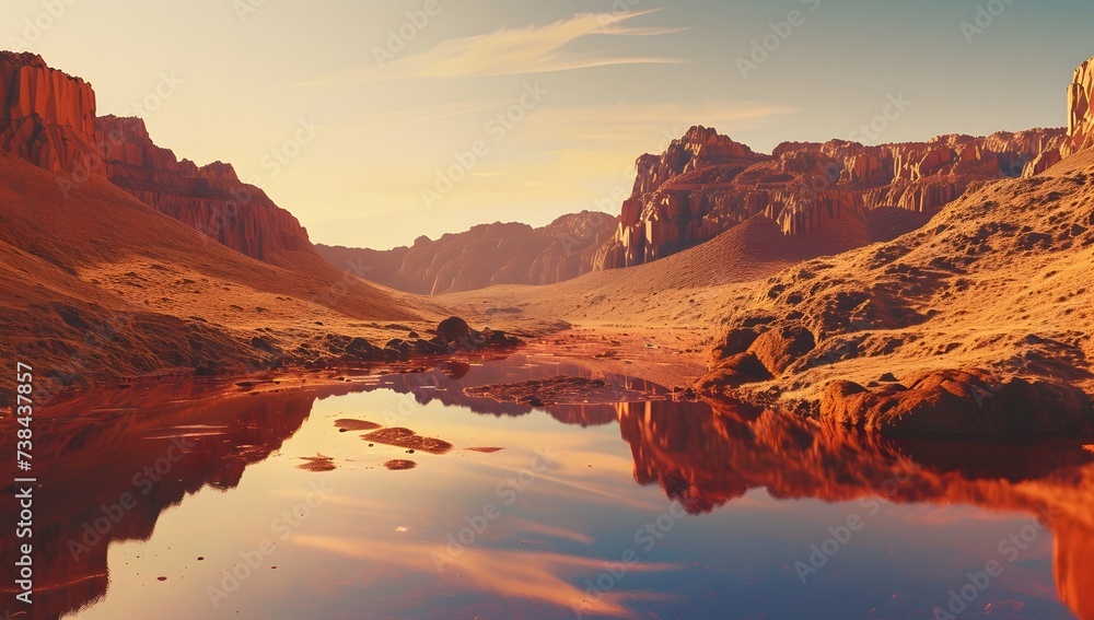 a river with rock in the middle of a desert area - obrazy, fototapety, plakaty 