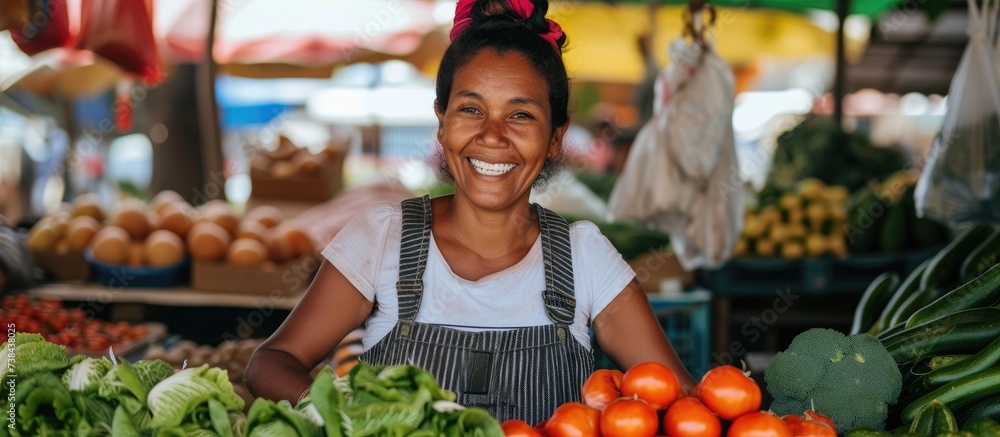 Obraz premium Friendly woman selling organic vegetables at a farmer's market.