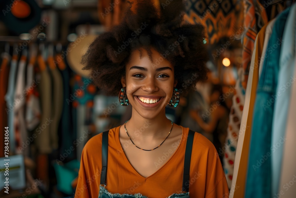 a smiling woman with an afro standing in her fashion store a smiling woman with an afro standing in her fashion store