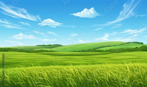 flat green meadow, with bright blue sky, for dairy product background 