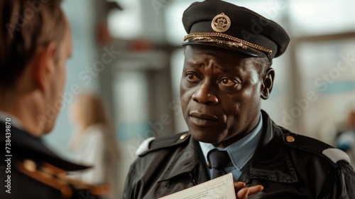 A customs officer in an official uniform looks over a travelers documents with a stern expression stamping their passport before motioning them forward. photo