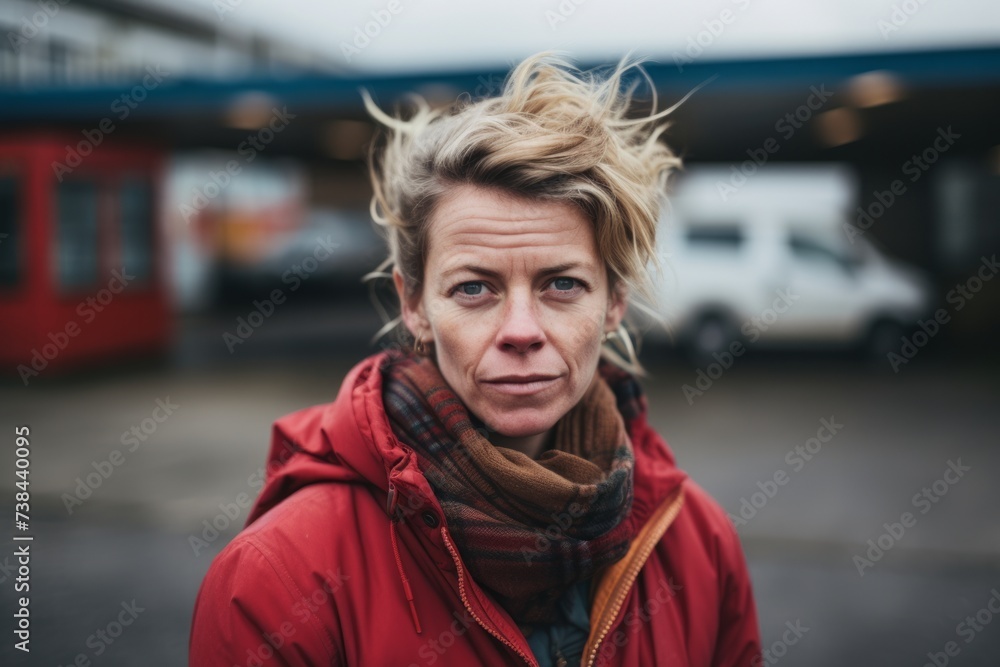 Portrait of a middle-aged woman on the background of a bus stop Portrait of a middle-aged woman on the background of a bus stop