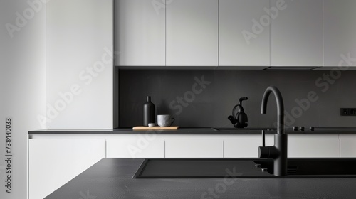 Minimalist Kitchen with White Cabinets and Black Quartz Countertop