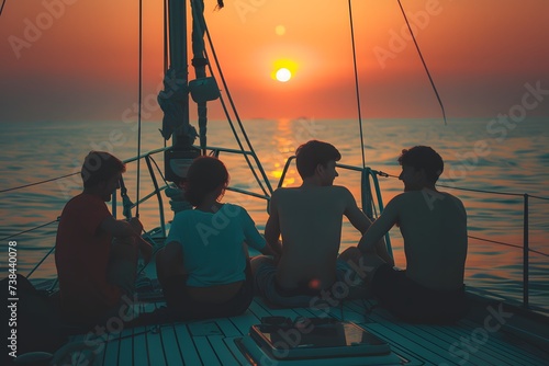 people sitting and watching the sun set on a sailing boat
