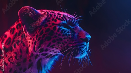A profile portrait of a leopard with neon blue and pink lighting accents against a dark background  creating a striking and artistic representation of wildlife. 