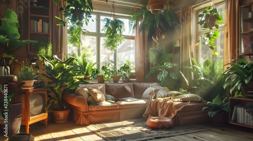 Cozy living room with indoor plants. Home gardening and biophilic design. Authentic home interior © Ziyan Yang