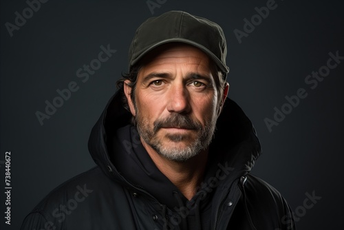 Handsome man wearing a cap and jacket over black background.