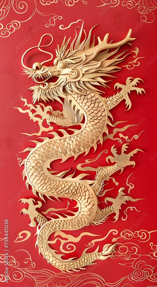 Illustrations of gold Chinese dragon in 2D on red background