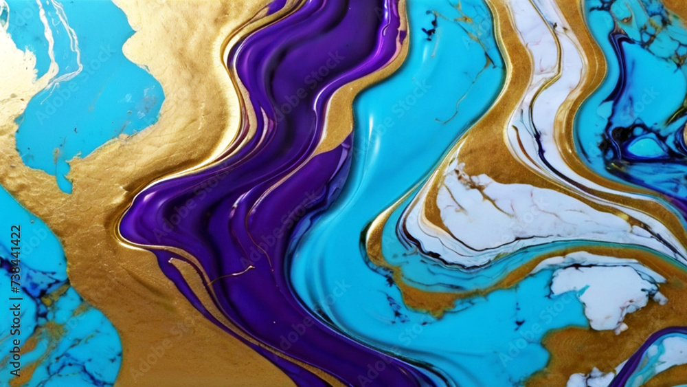 abstract marble texture ripple pattern gold, purple, white and turquoise blue color background