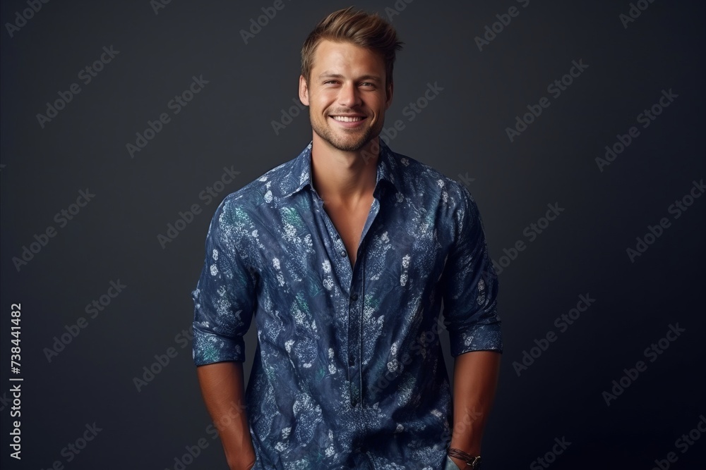Portrait of a handsome young man in blue shirt over dark background. Portrait of a handsome young man in blue shirt over dark background.