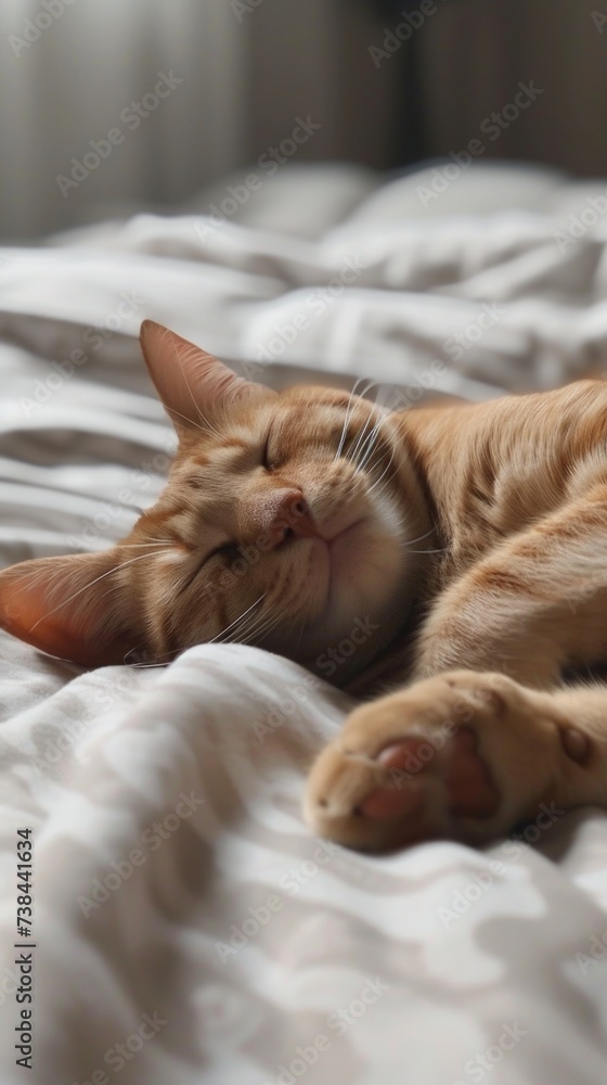 Cute cat sleeping on bed. Vertical background Cute cat sleeping on bed. Vertical background