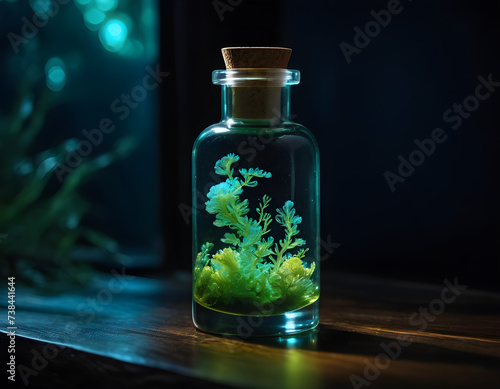 A delicate glass vial containing a swirl of bioluminescent algae, lighting up the darkness with natural wonder