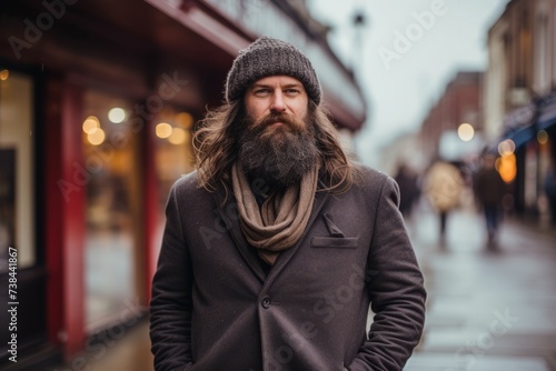 Portrait of a handsome bearded man with long beard and moustache in a coat and hat on a city street © Igor