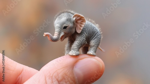 tiny lovable elephant on the edge of a fingertip ,isolated on a white background 