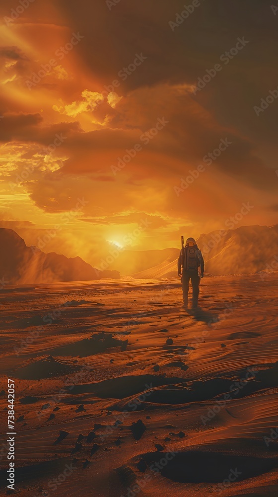 astronaut walking on mars with heavy fog