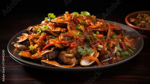 Seafood dishes, dinner menu, spicy stir-fried shrimp and scallops, restaurant menu served hot on a plate.