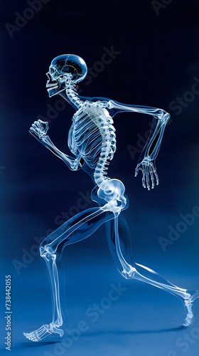 skeleton of a man is running on blue background