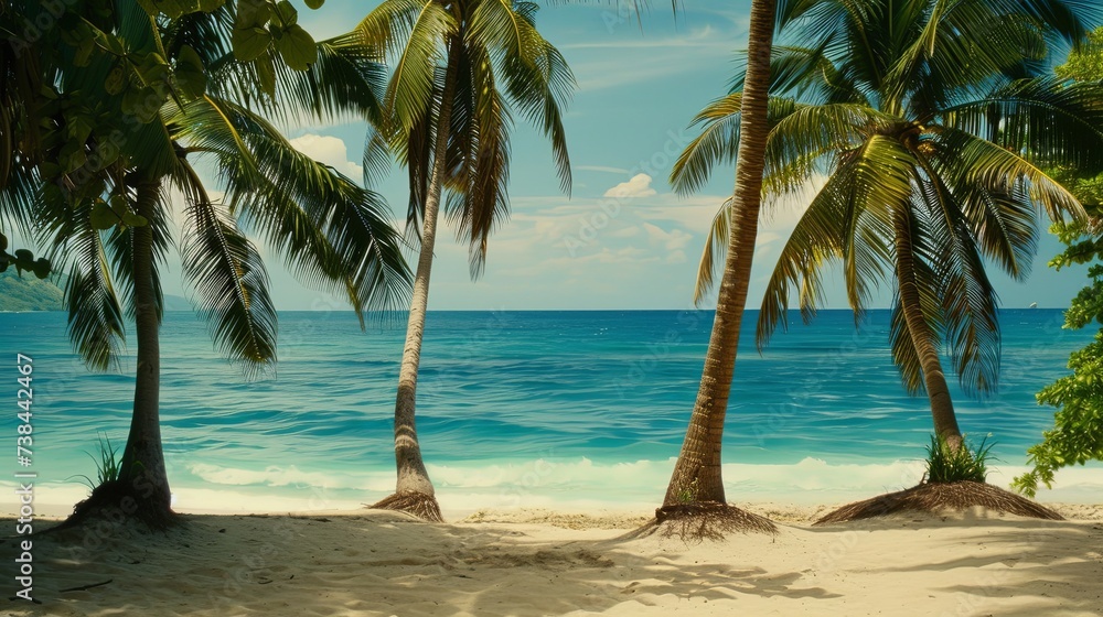 Fototapeta premium Sea beach with palm tree summer island tropic wallpaper background