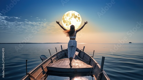 back view of woman dancing on boat with shining moon background