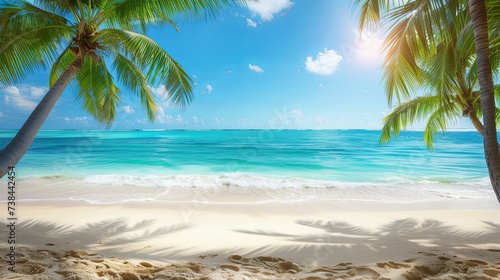 Sea beach with palm tree summer island tropic wallpaper background © Irina