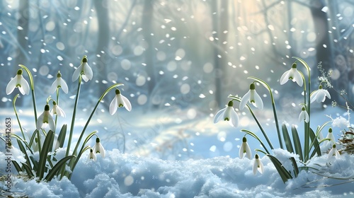 Natural spring background with delicate snowdrop flowers on snowy forest glade