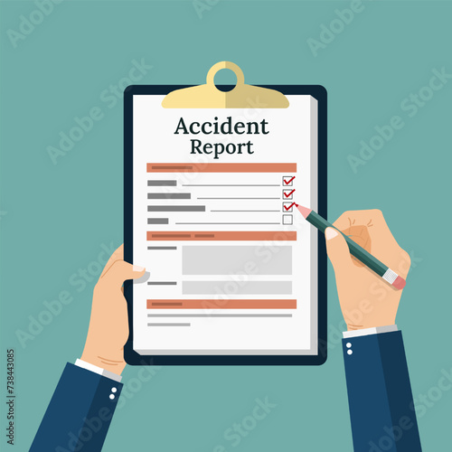 Accident report form, a man write application form for the document, pencil and clipboard in hand photo