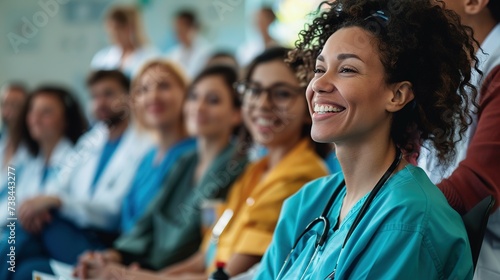 smiling cheerful nurse doctor sit relax in seminar training class nurse doctor group happiness positive face expression in education class hospital background,ai generate photo