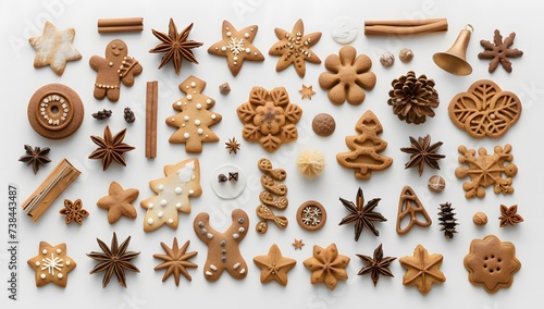 arrangement of various christmas shaped cookies against a white surface