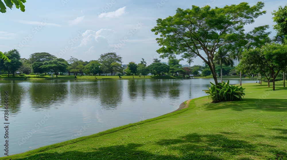 Raintree and many of green tree in the park and pond. Trees and green grass lawn field near lake with tree reflection on water. Lawn in garden on summer. Park with tropical plant. Urban ozone source. Raintree and many of green tree in the park and pond. Trees and green grass lawn field near lake with tree reflection on water. Lawn in garden on summer. Park with tropical plant. Urban ozone source.