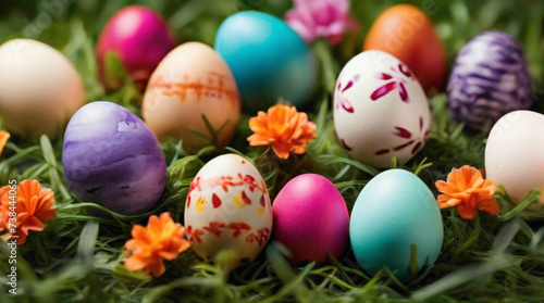 Easter eggs decoration and decoration embedded on the eggs with golden designing with text copy space in the middle in blue red green color with background colors and rabbits with glitters 