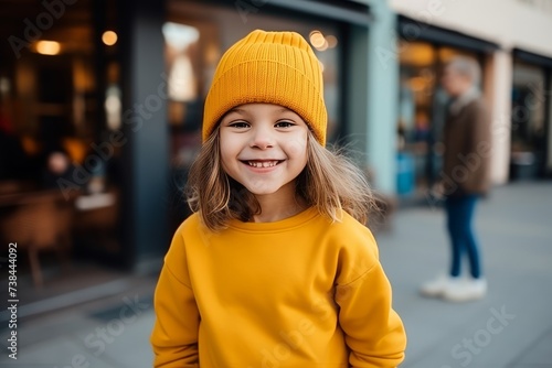 Portrait of a cute little girl in a yellow sweater and hat